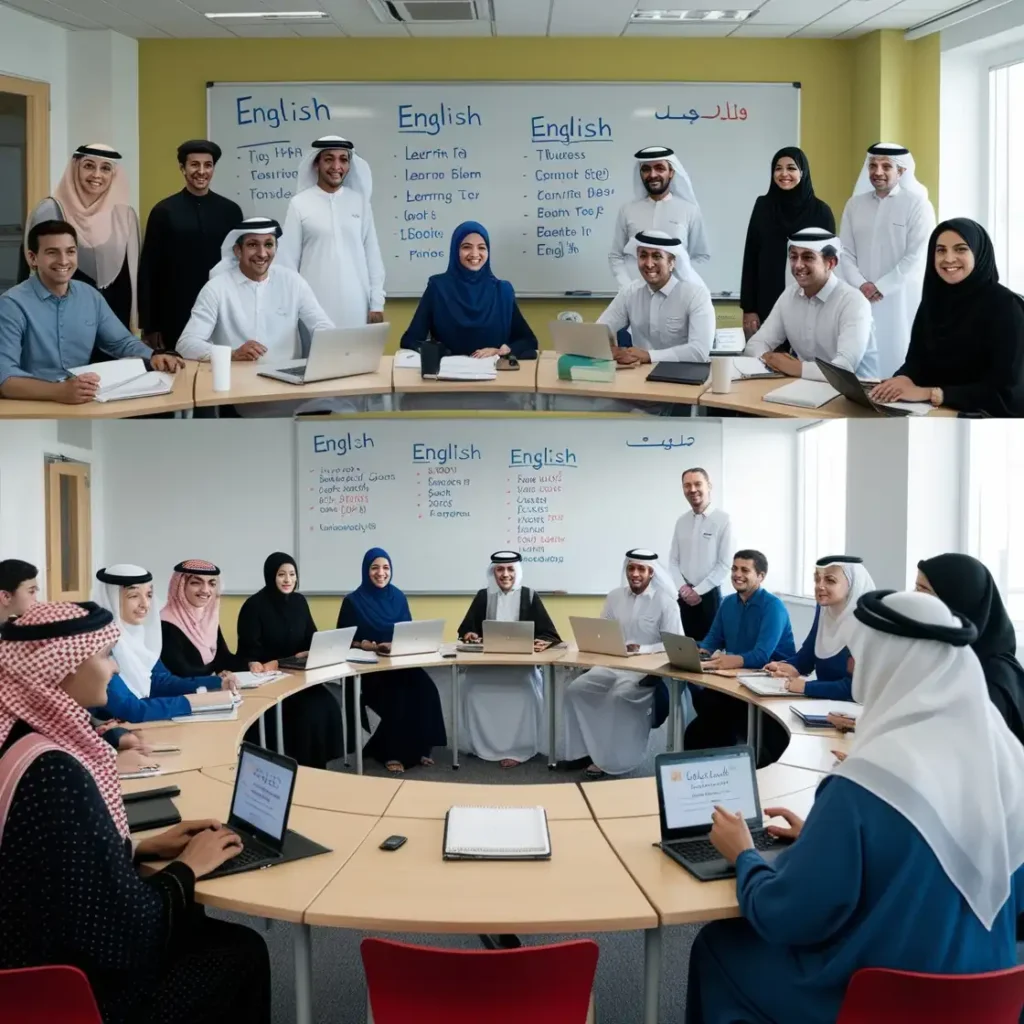 A large, diverse group of professional students sitting at desks in a bright classroom while participating in a Business English speaking course in Riyadh