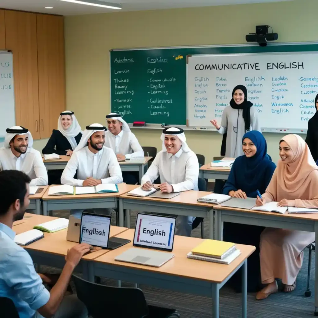 Interactive communicative English session at a top-rated English training institute in Riyadh, featuring students using tablets and digital tools in a bright, modern classroom