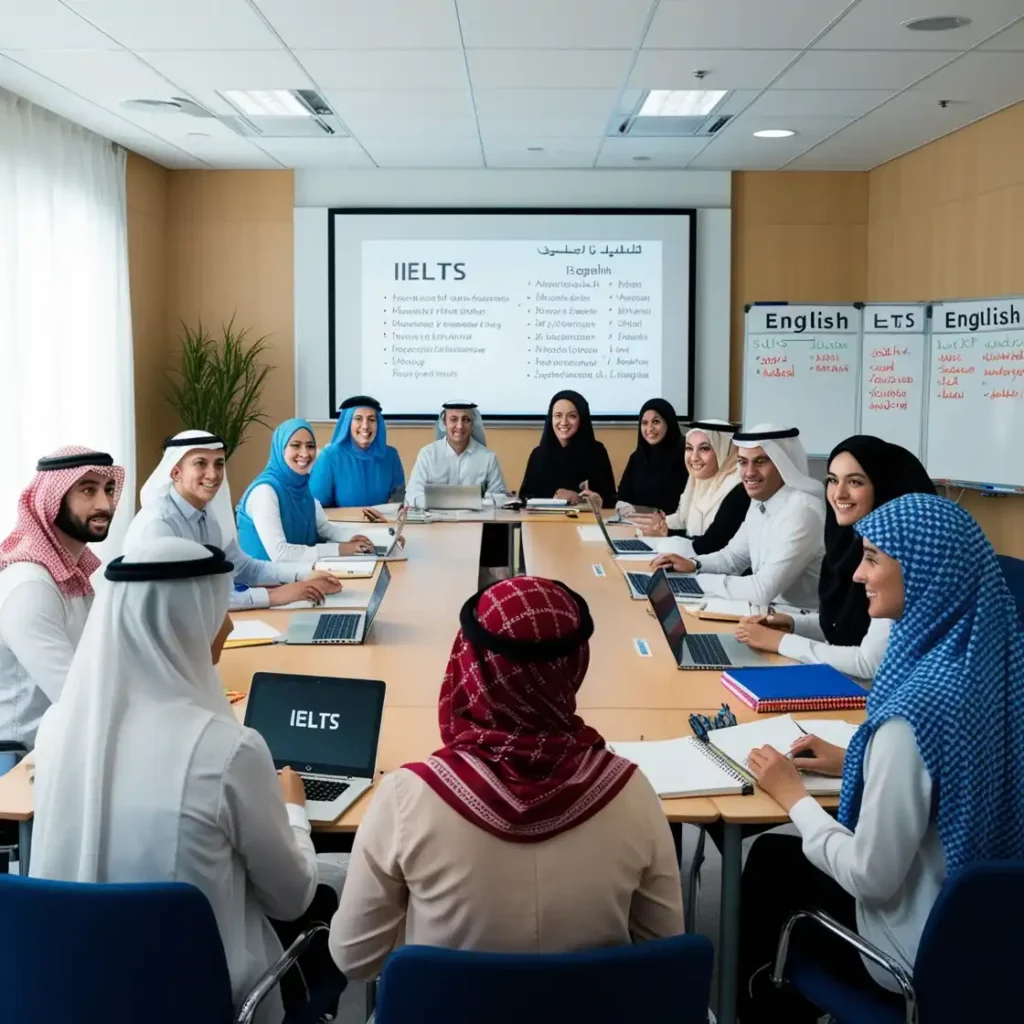Diverse professionals attending an IELTS English course at a premier English training institute in Riyadh, featuring a modern classroom environment and interactive learning